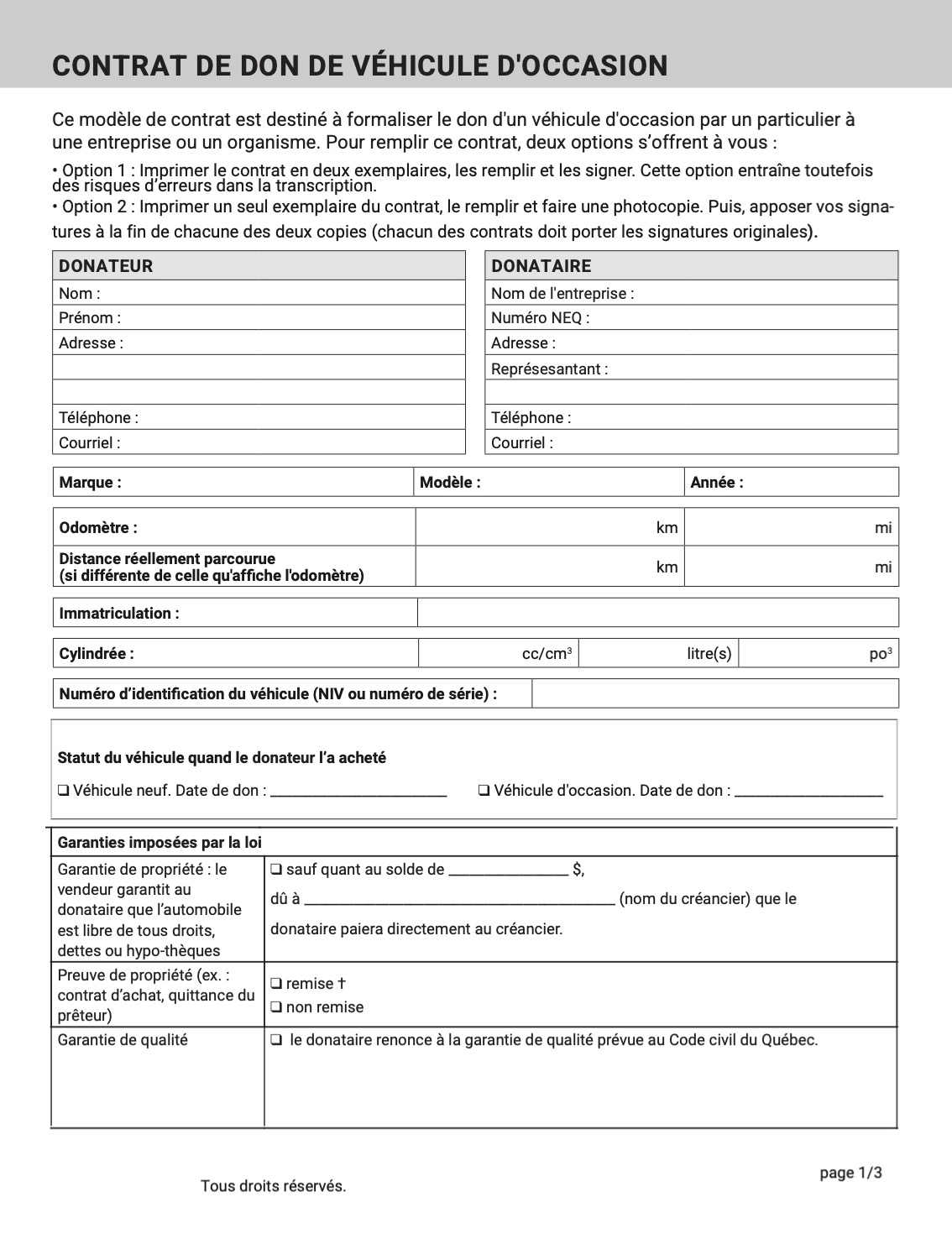 capture d'écran de l'exemple de contrat pour le don d'un véhicule d'occasion à une entreprise