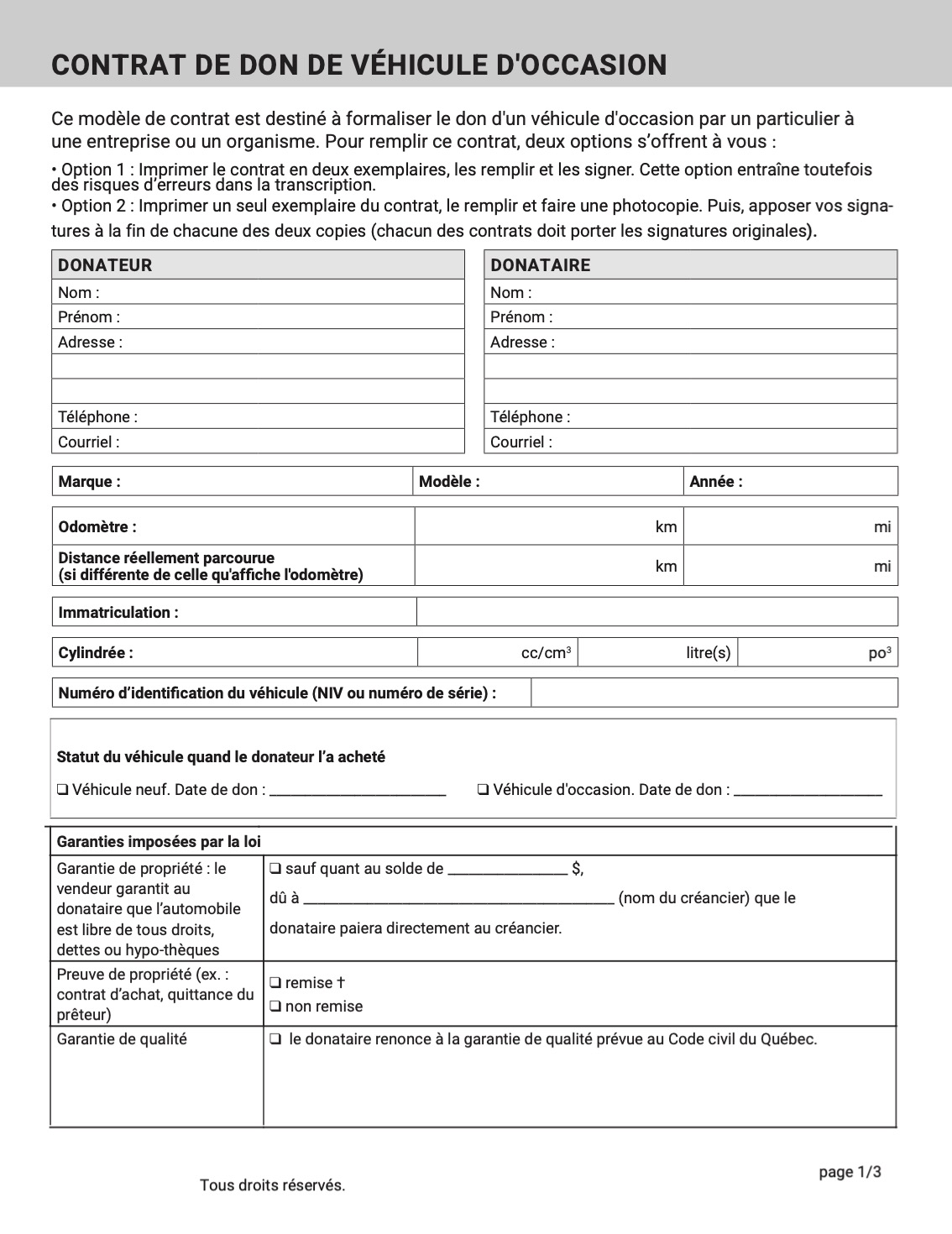 capture d'écran de l'exemple de contrat pour le don d'un véhicule d'occasion entre particulier