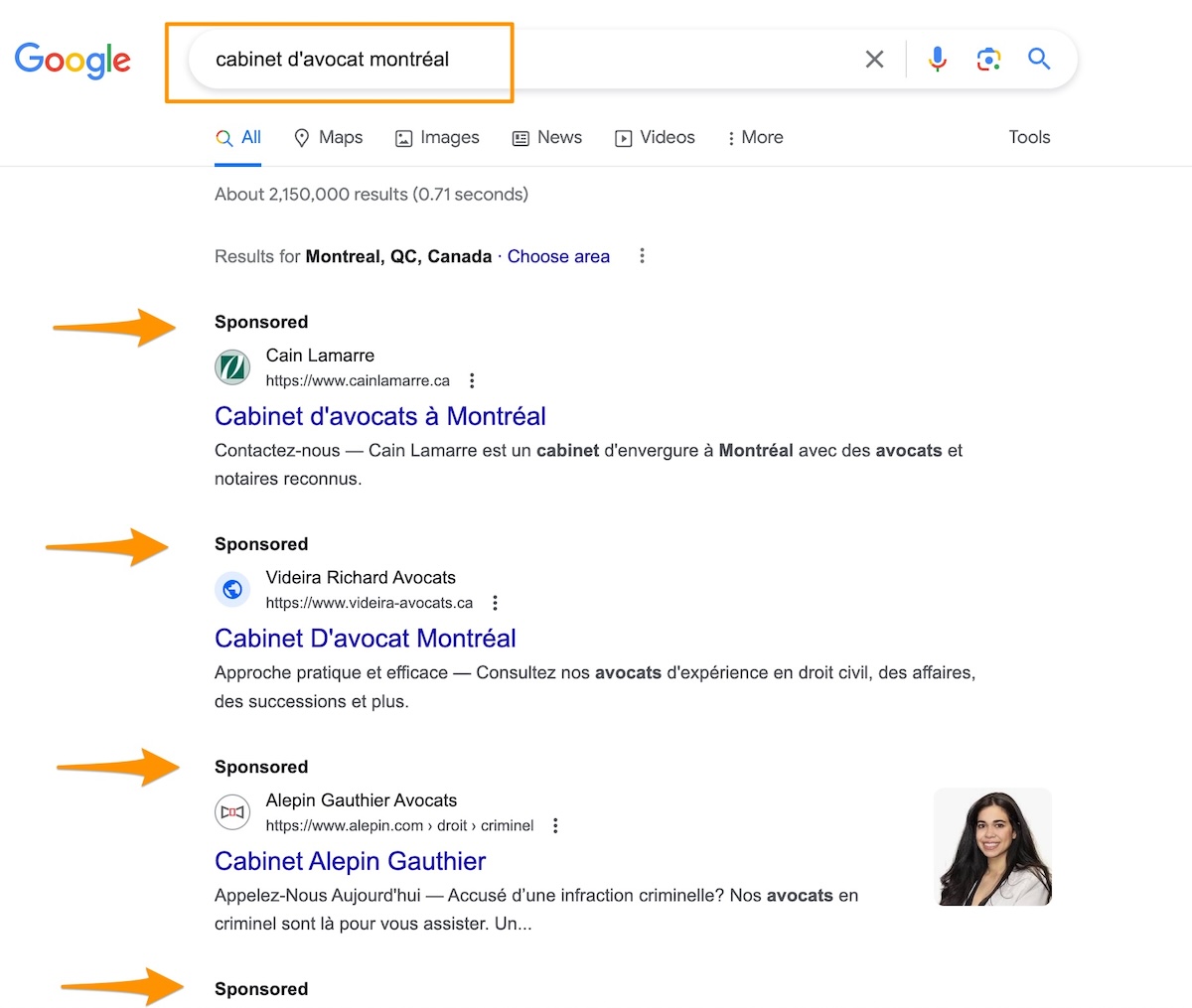 Capture d'écran de résultats Google Search pour une recherche de cabinet d'avocat à Montréal