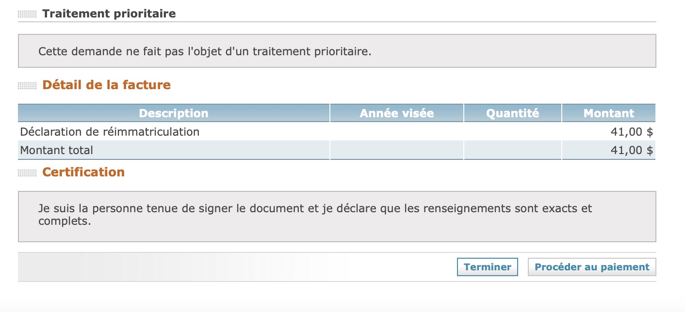 Capture d'écran des frais d'immatriculation à payer pour obtenir un NEQ - Montant de 41$ et bouton Procéder au paiement