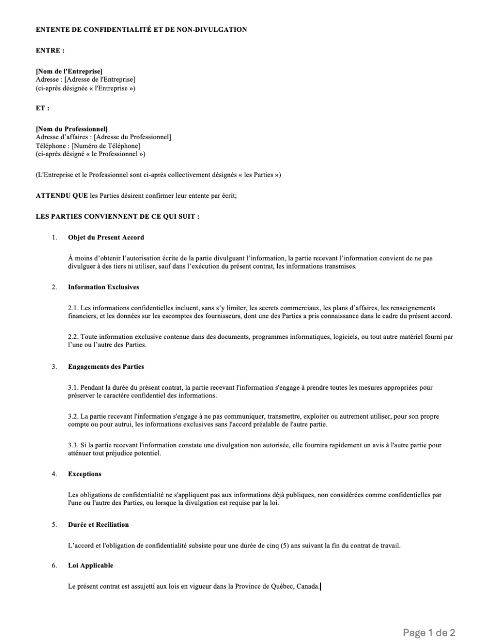 capture d'écran d'accord de non divulgation