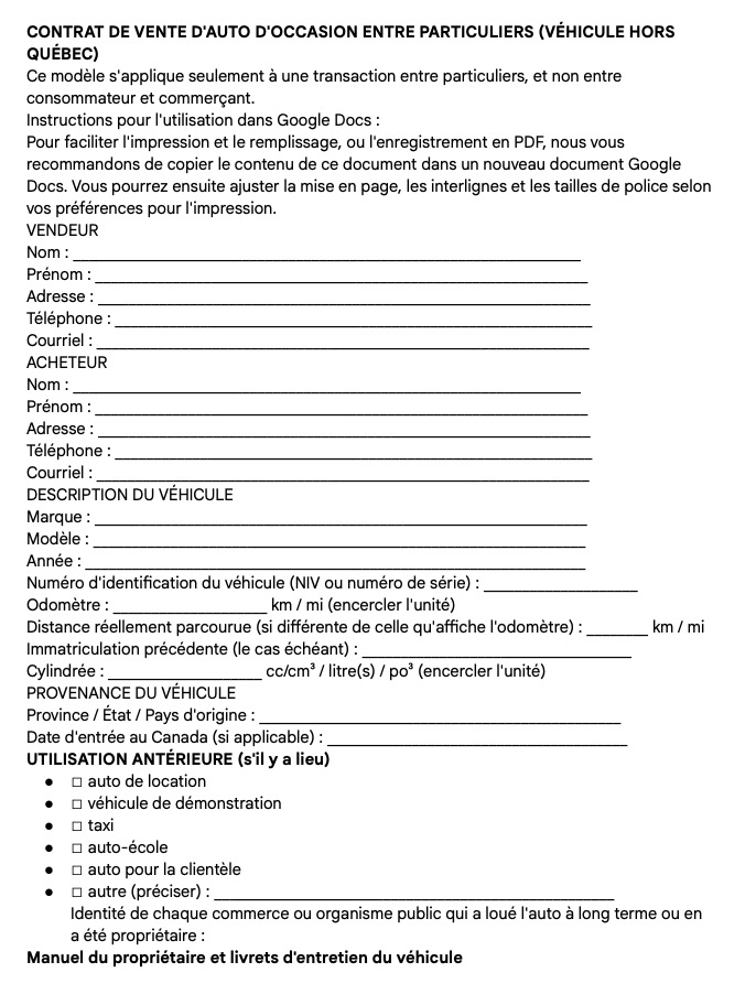 capture d'écran de l'exemple de contrat pour la vente d'un véhicule d'occasion de Protégez-vous