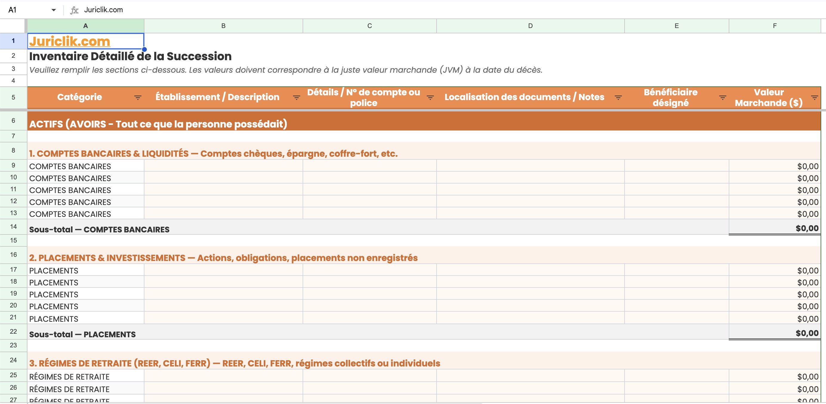 Calculateur d'inventaire de succession interactif gratuit en format Excel et Google Sheets