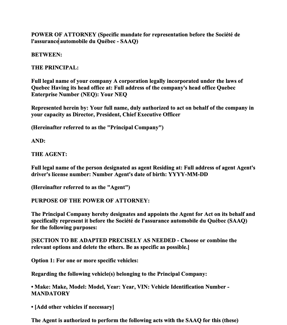 Screenshot of SAAQ vehicle sale power of attorney form