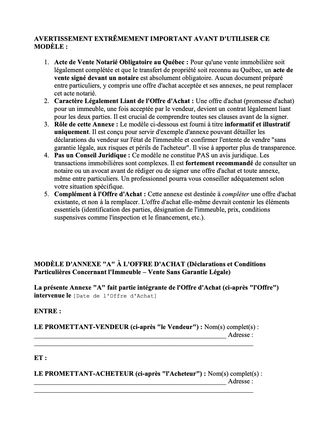 capture d'écran de l'exemple de contrat pour la vente d'un véhicule d'occasion de Protégez-vous