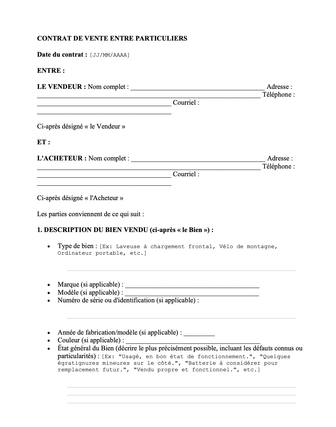 capture d'écran de l'exemple de contrat pour la vente d'un bien mobilier sans garantie légale de qualité