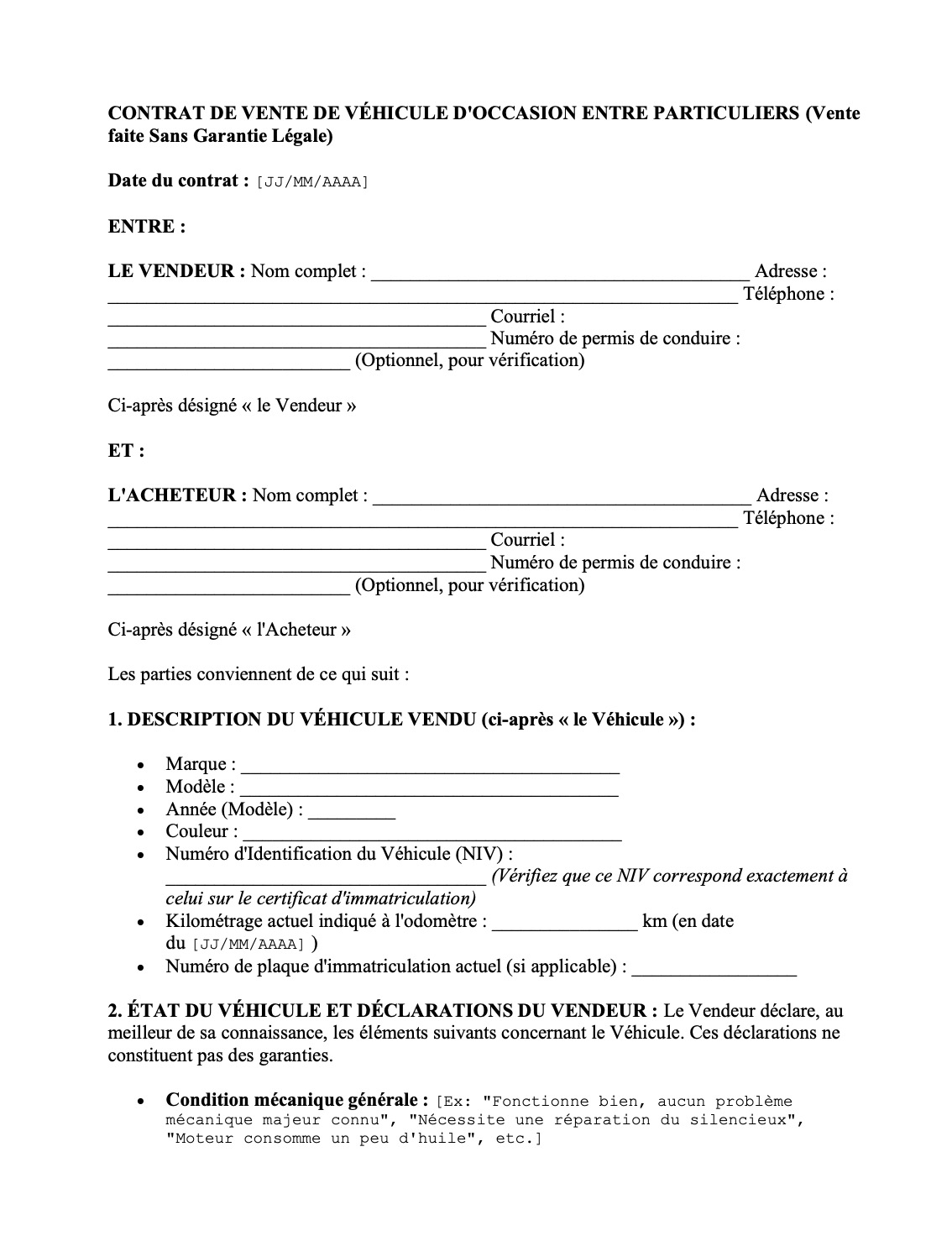 capture d'écran de l'exemple de contrat pour la vente d'un véhicule d'occasion de Protégez-vous