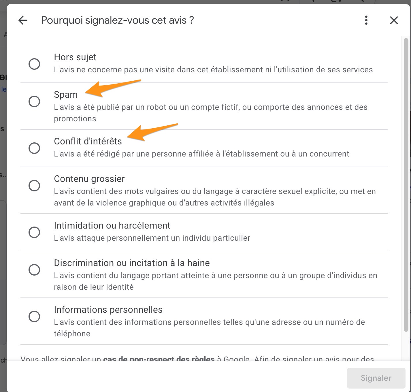 Sélection du motif de signalement Google