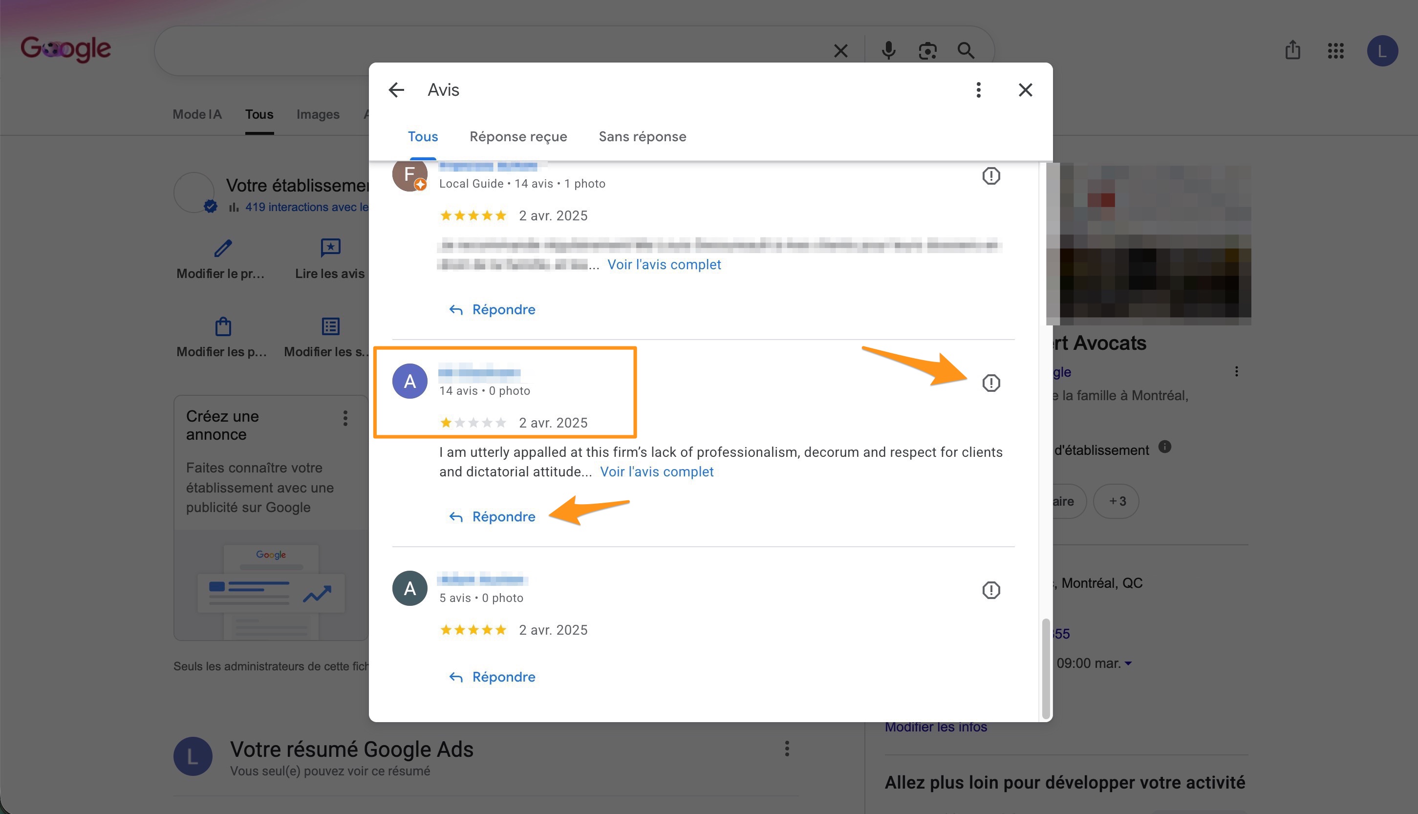 Bouton Signaler un avis Google Business Profile