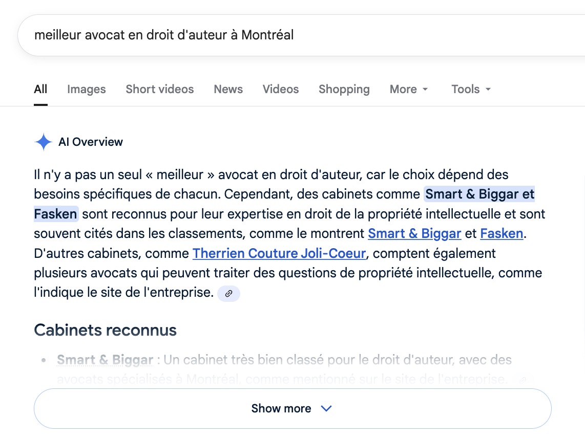 Capture d'écran de résultats de rechgerche intelligeante pour avocat en droit d'auteur à Montréal
